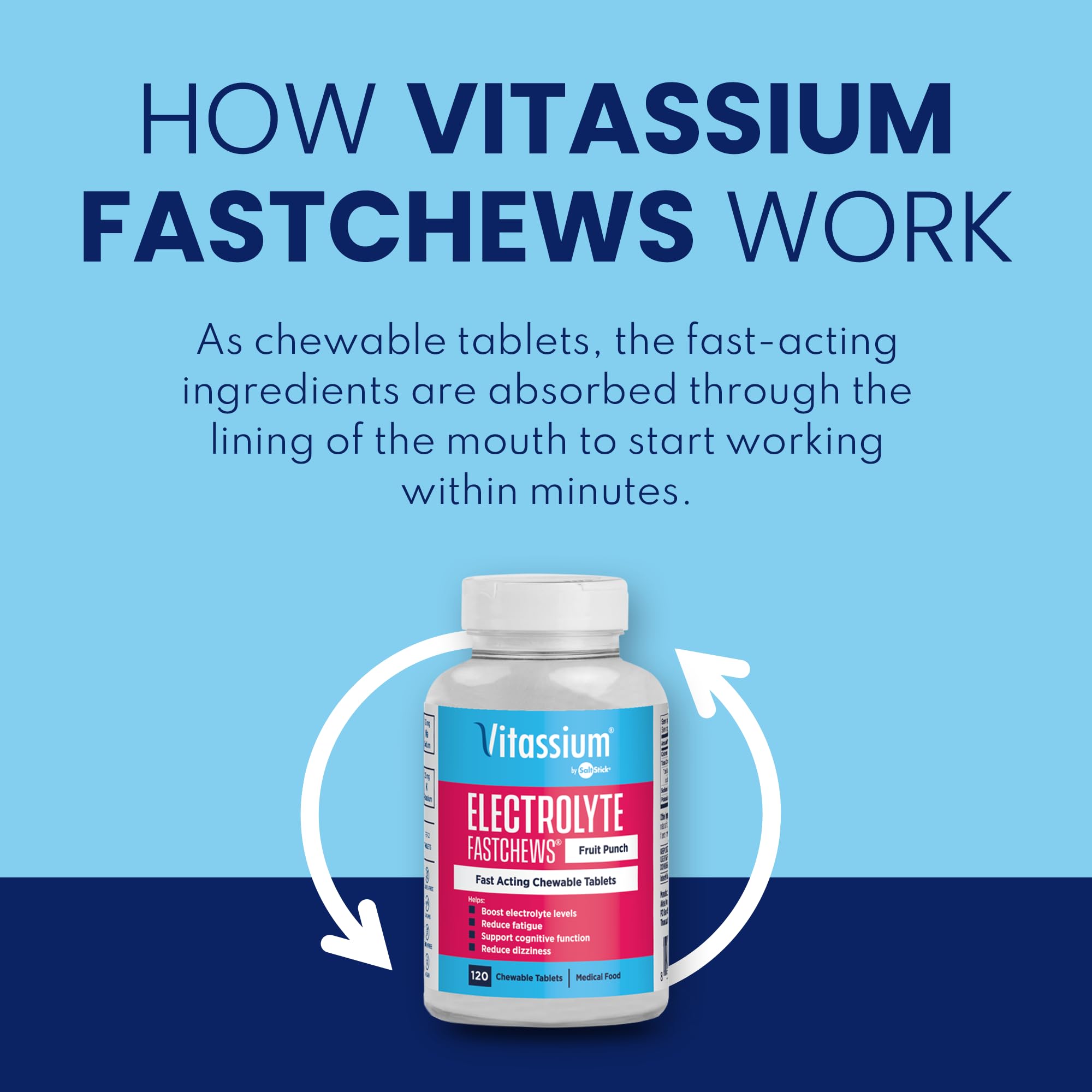 Primer plano de tabletas Vitassium FastChews que muestra textura masticable y color fruit punch, fácil consumo