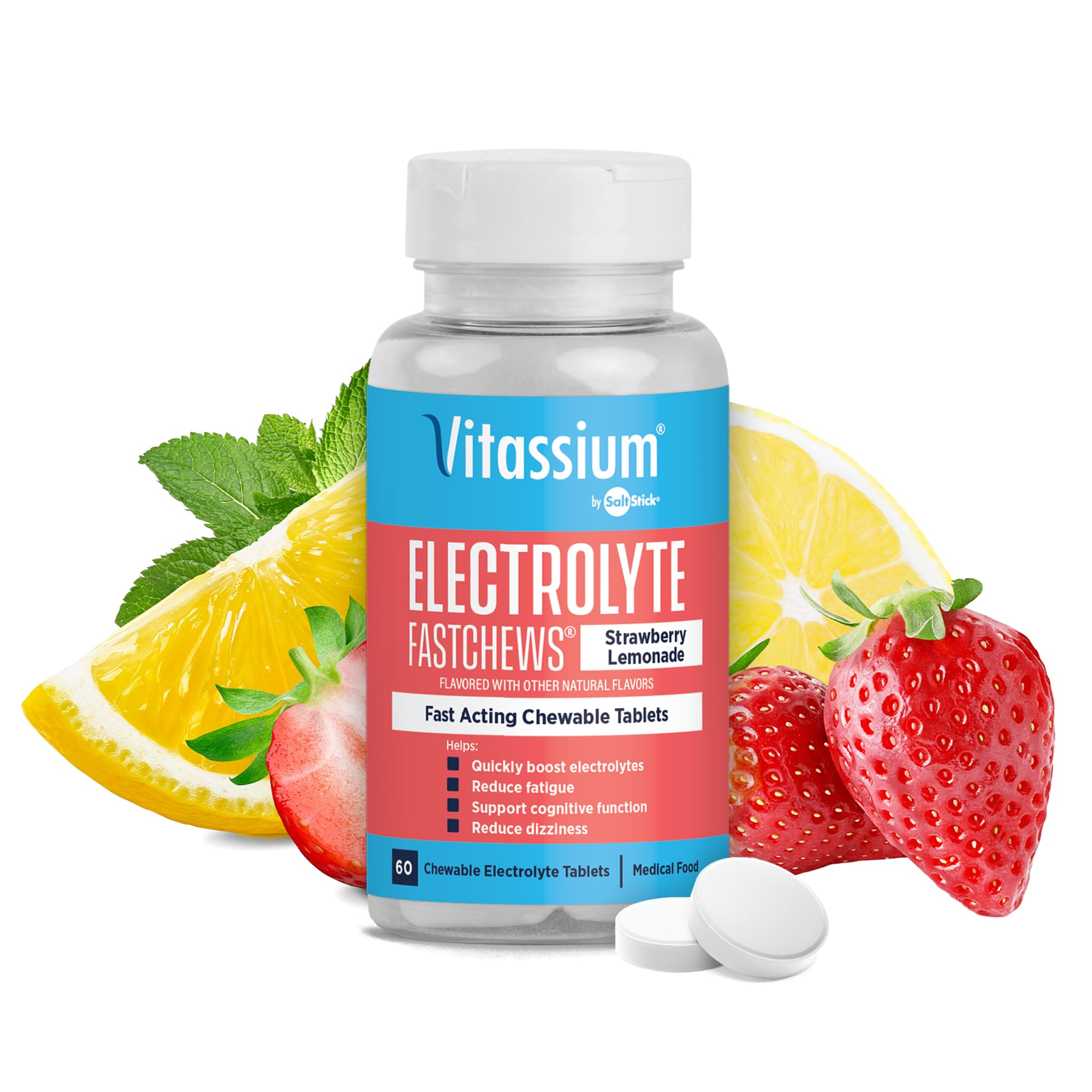 Vitassium frasco frontal mostrando 60 tabletas y sabor strawberry lemonade, conveniencia portátil