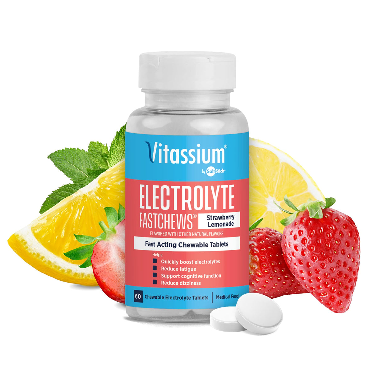 Vitassium frasco frontal mostrando 60 tabletas y sabor strawberry lemonade, conveniencia portátil