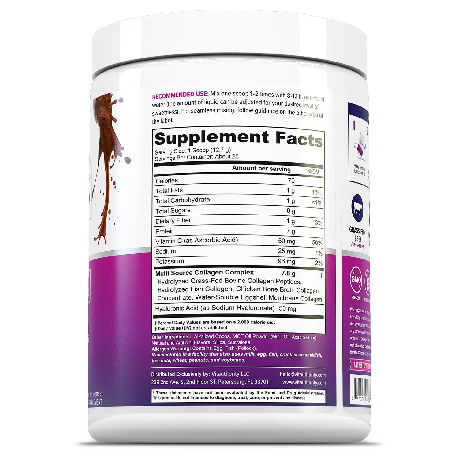 Vitauthority Ácido Hialuronónico y Vitamina C, sabor chocolate, cuidado de piel.