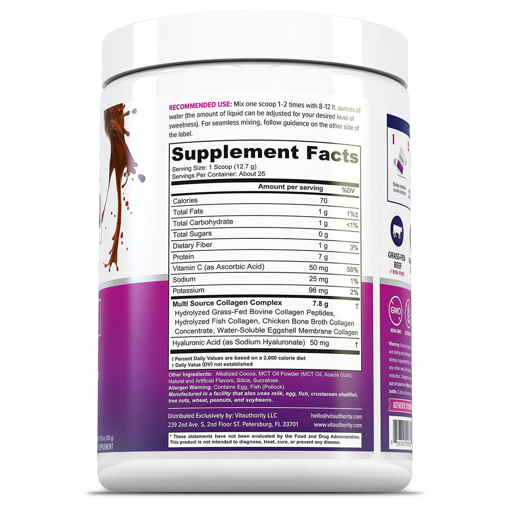 Vitauthority Ácido Hialuronónico y Vitamina C, sabor chocolate, cuidado de piel.