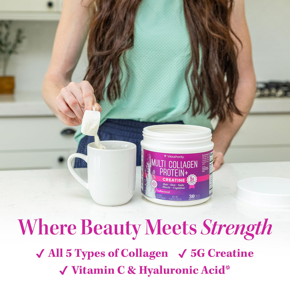 Vitauthority colágeno multiples-tipos en polvo, enfoque en piel y uñas.