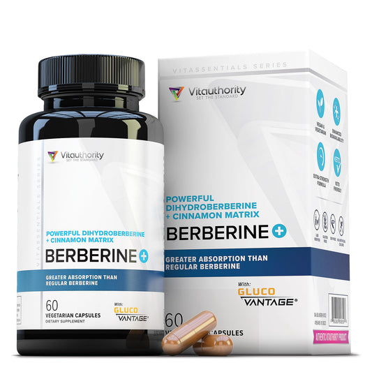 Vitauthority envase frontal de berberina y canela mostrando marca y beneficios