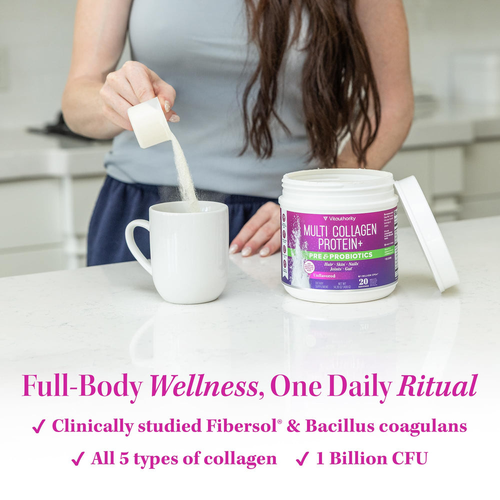 Vitauthority Multi Collagen Probiotics mezcla en agua con textura suave