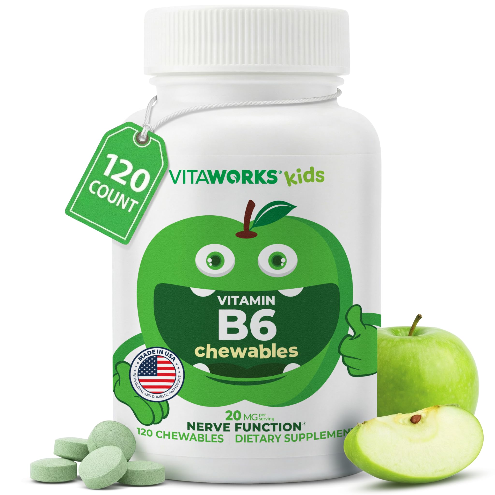 VitaWorks frasco frontal mostrando 120 masticables y beneficios claros