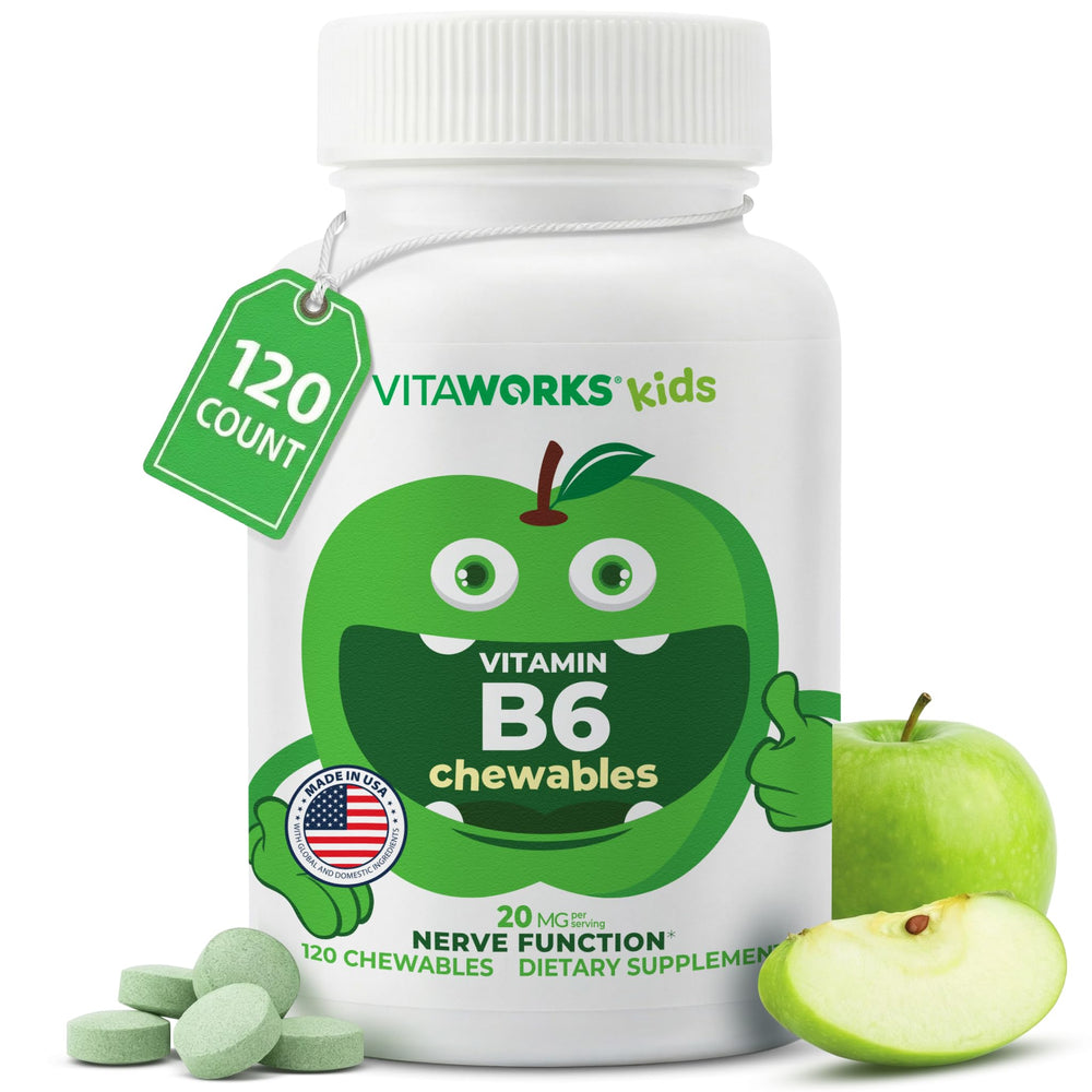VitaWorks frasco frontal mostrando 120 masticables y beneficios claros
