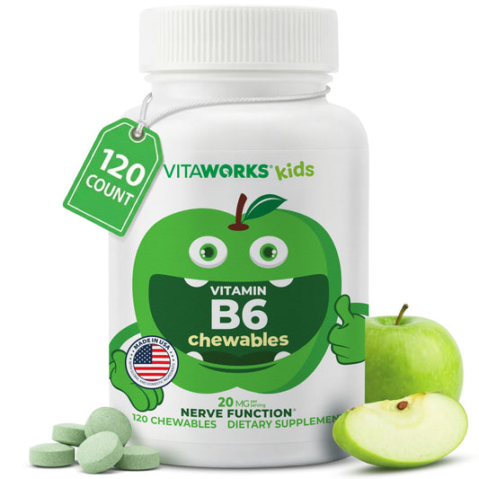 VitaWorks frasco frontal mostrando 120 masticables y beneficios claros