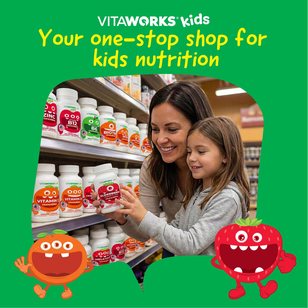 Madre e hijo en desayuno tomando VitaWorks para rutina diaria