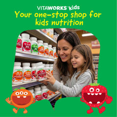 Madre e hijo en desayuno tomando VitaWorks para rutina diaria