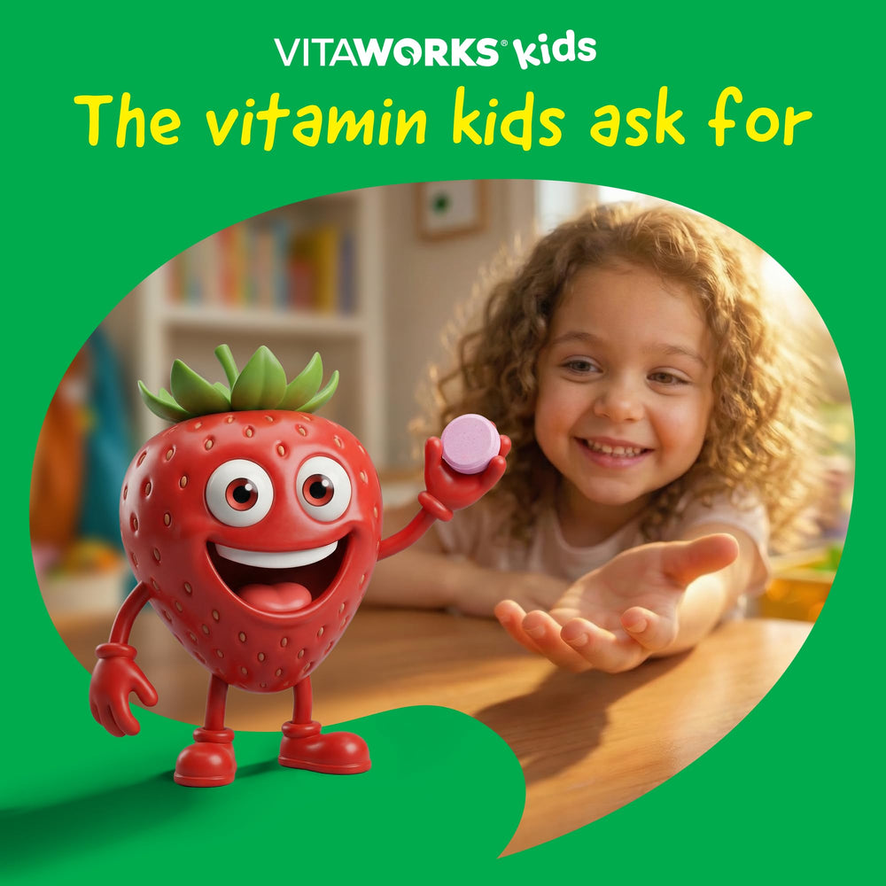 VitaWorks niños en familia tomando tabletas, apoyo diario agradable