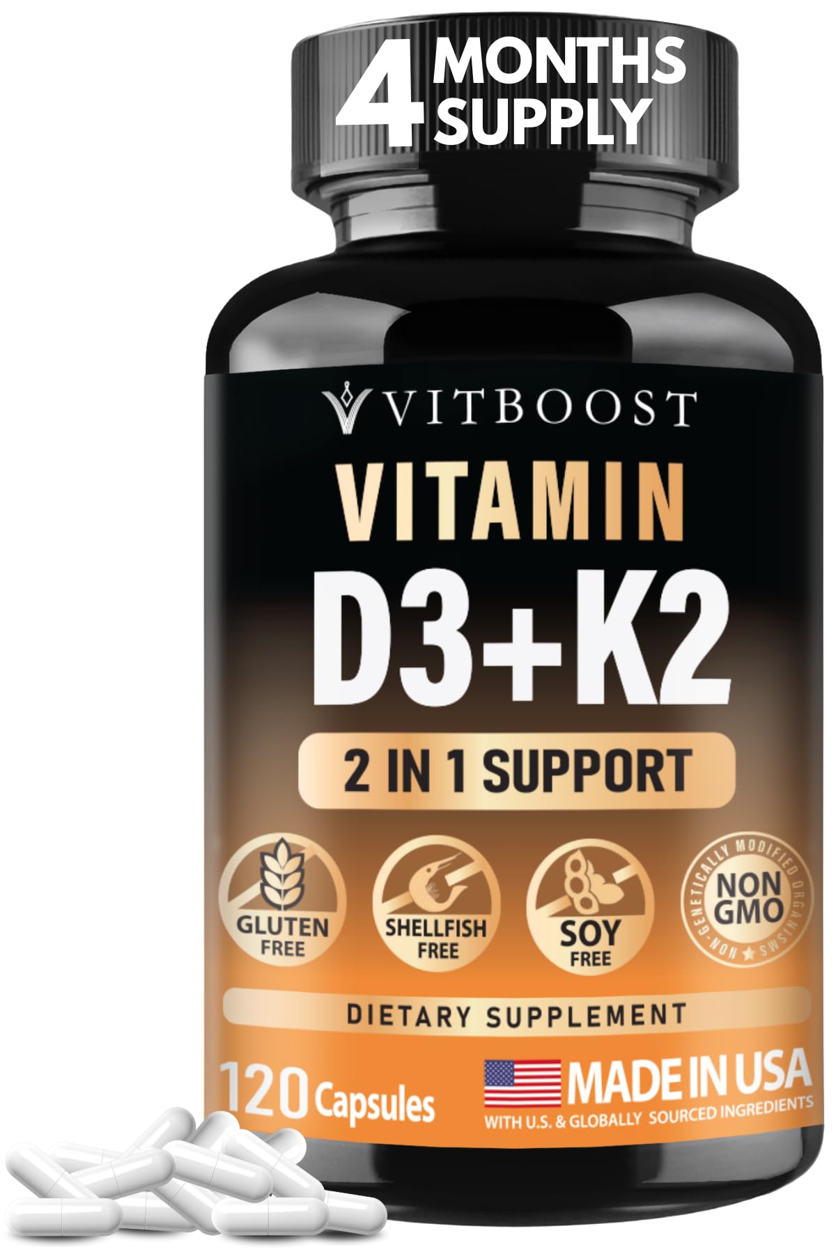 VITBOOST frasco frontal mostrando etiqueta clara y dosis 5000 IU