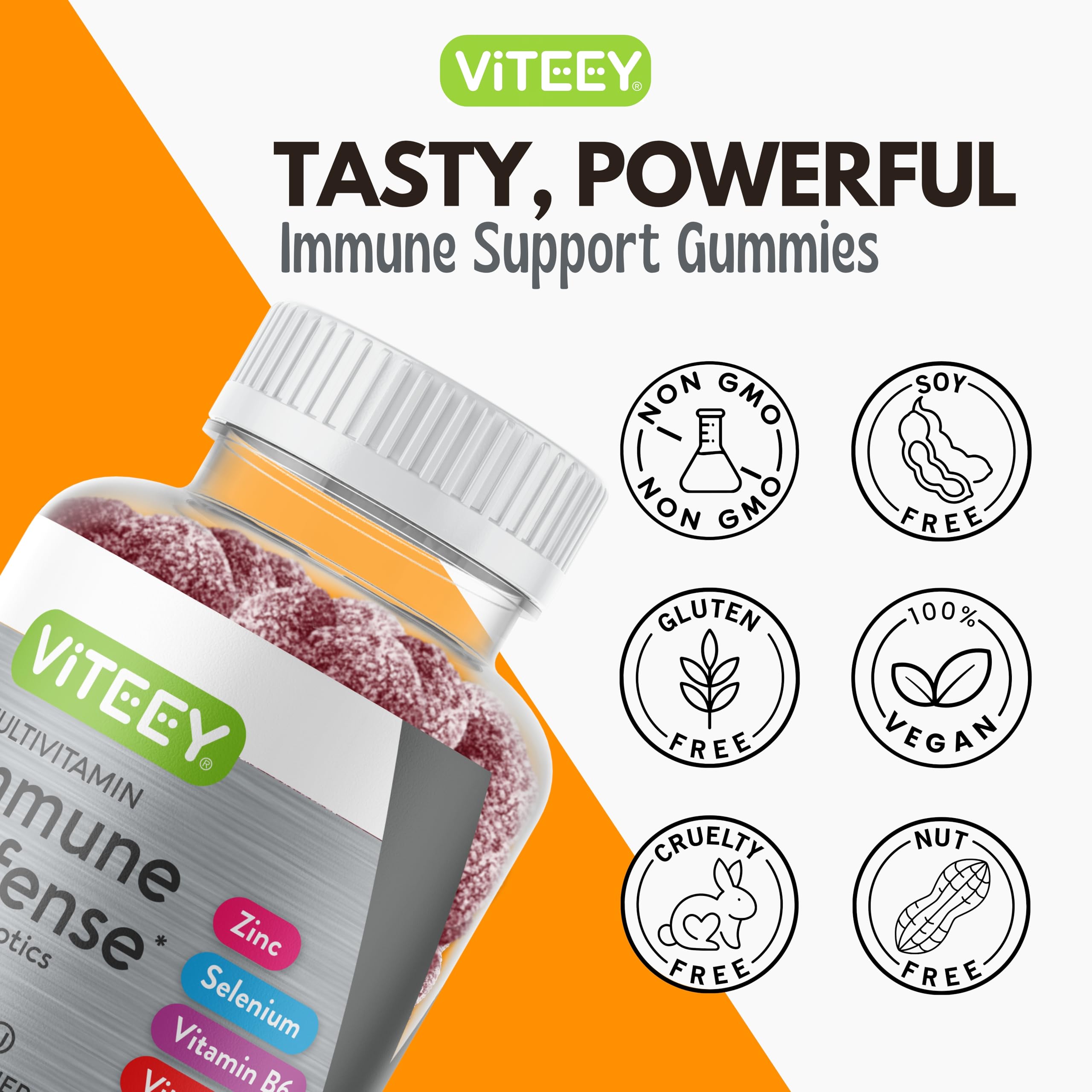 Viteey etiqueta ingredientes enumerando vitaminas y probiótico claramente