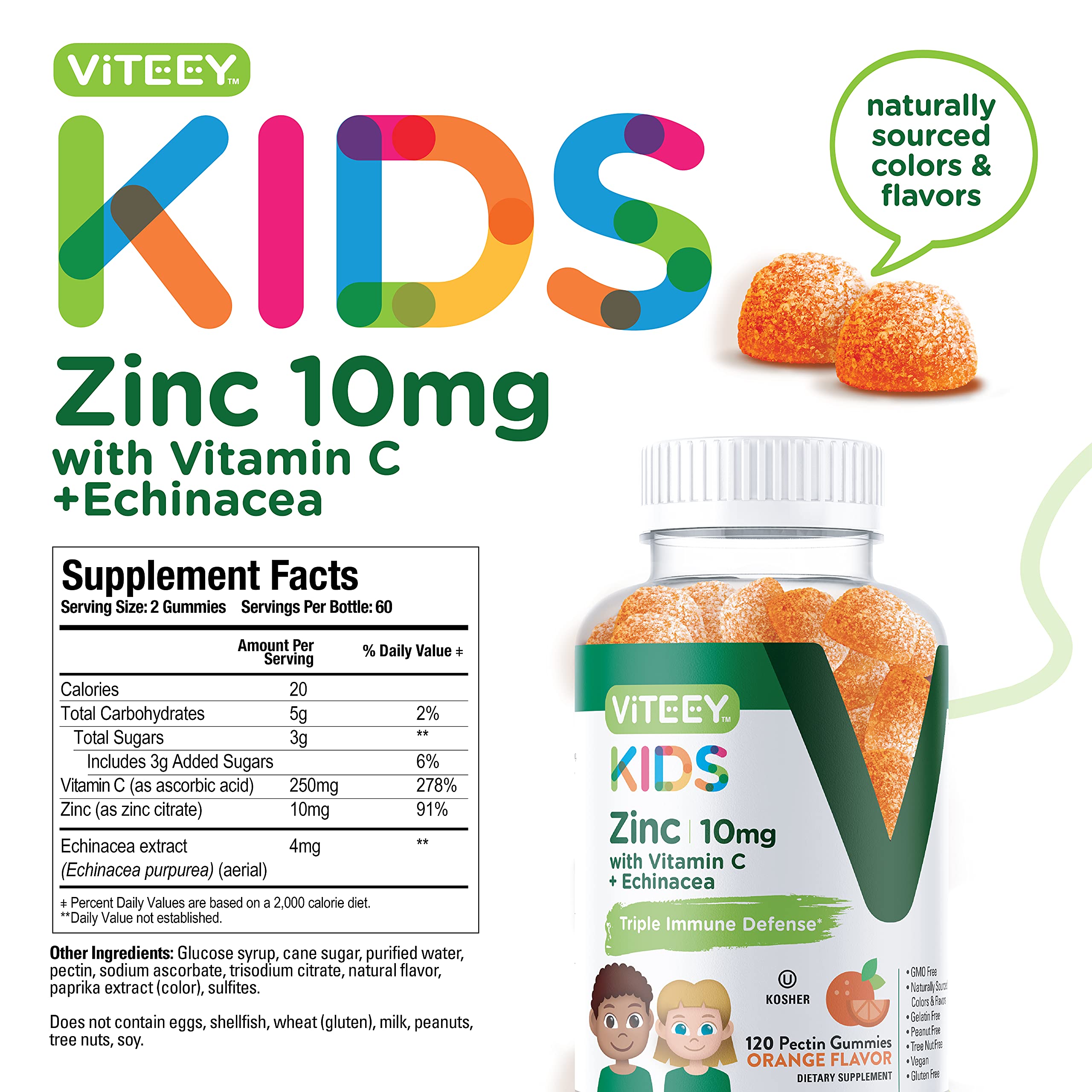 Viteey etiqueta con lista de ingredientes y certificación kosher clara
