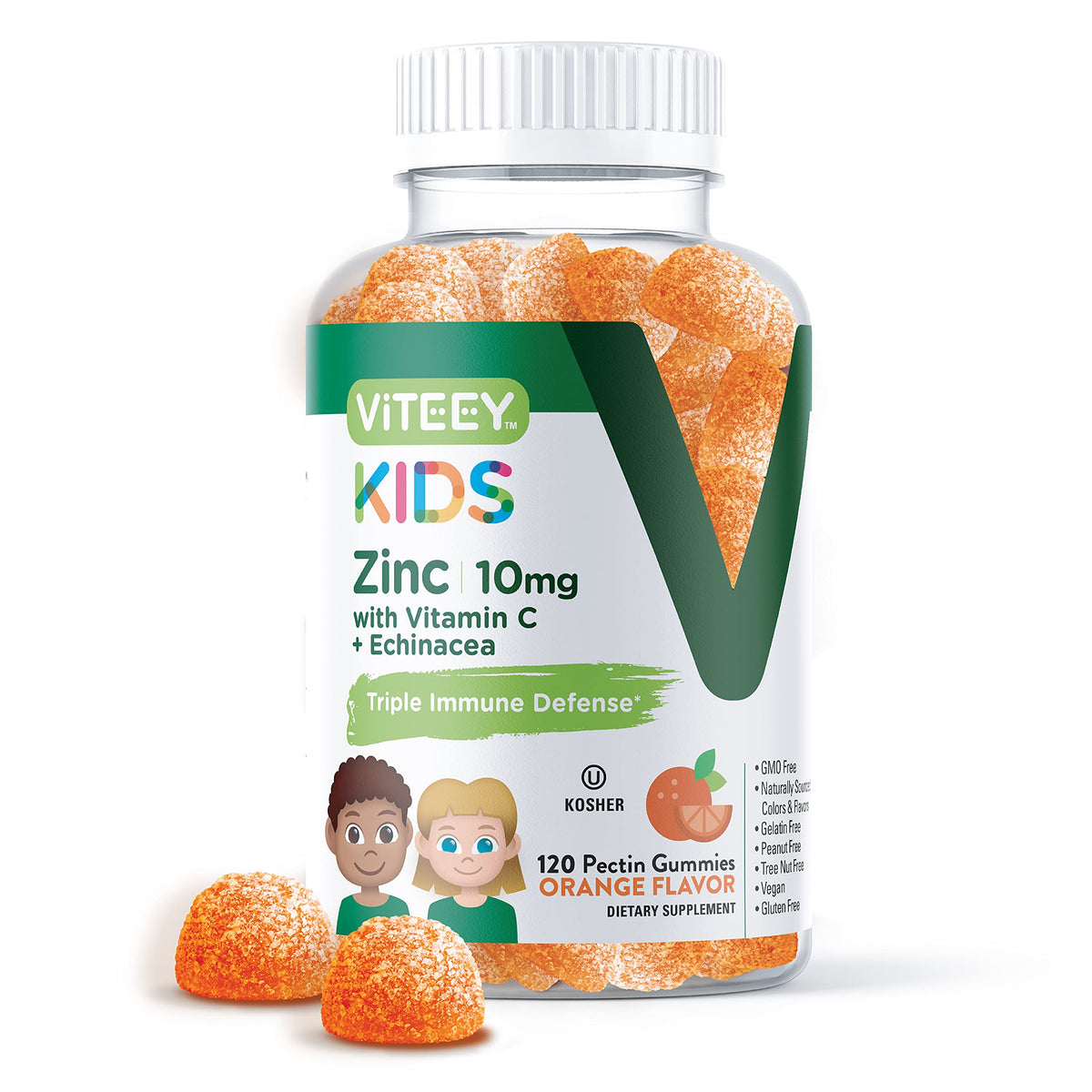 Viteey frasco delante mostrando 120 gomitas y beneficios para uso infantil