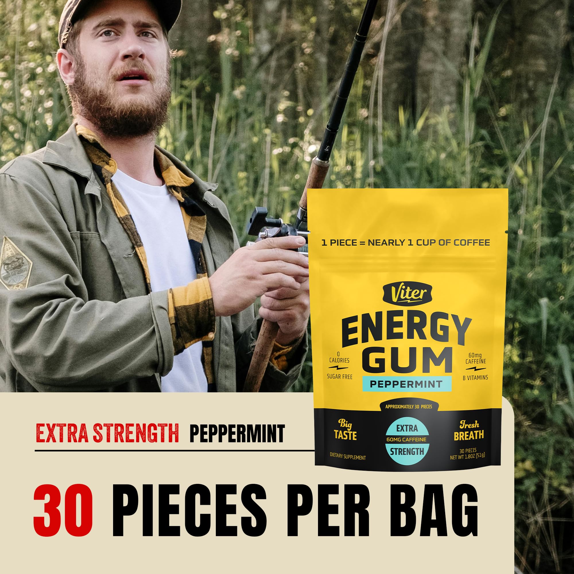 Persona masticando Viter Energy chicle para concentración rápida y movilidad