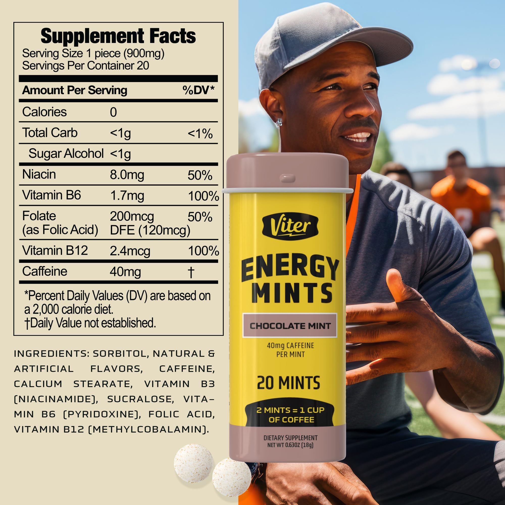 Etiqueta Viter Energy con listado de vitaminas B y datos de ingredientes seguros