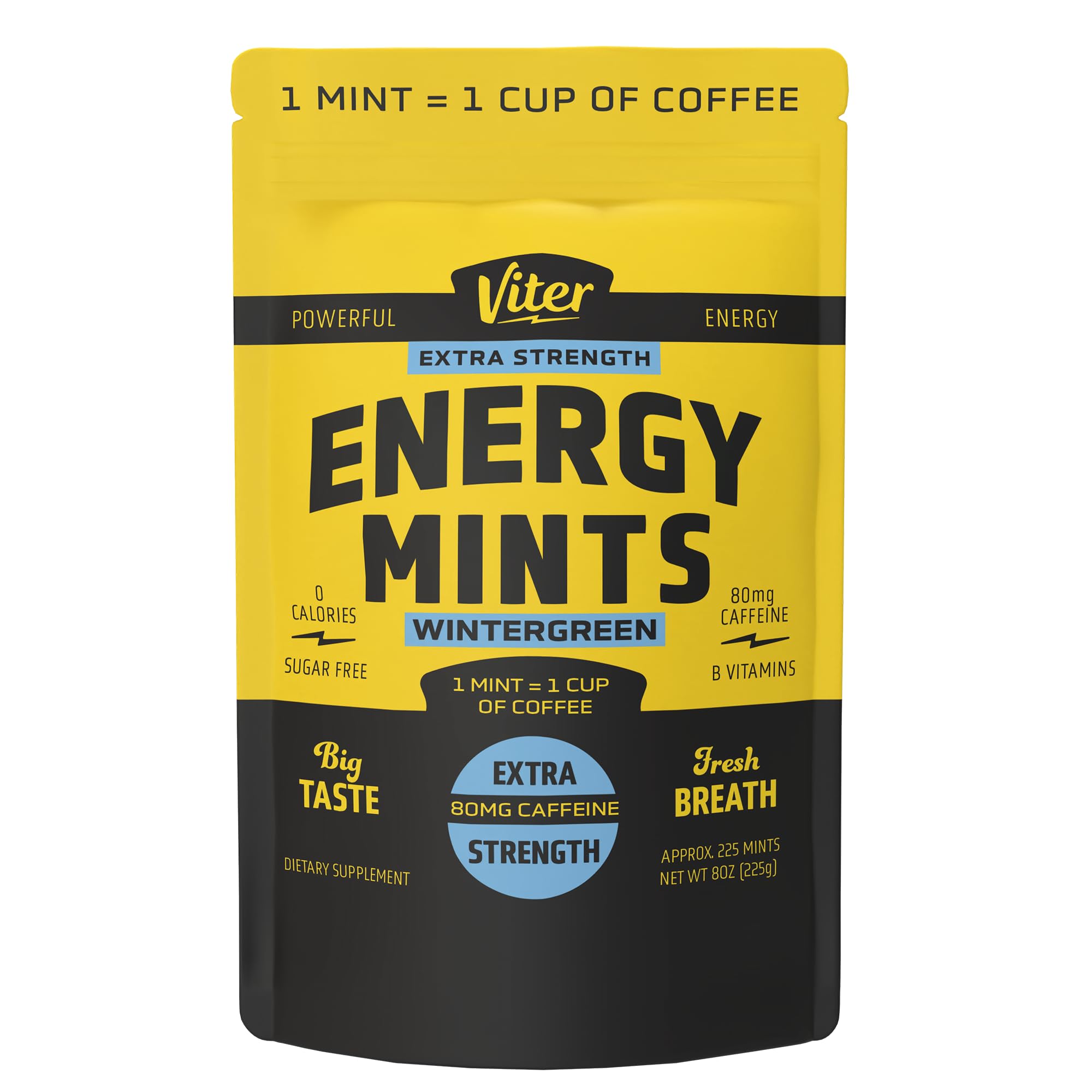 Viter Energy bolsa al frente mostrando sabor wintergreen y conveniencia