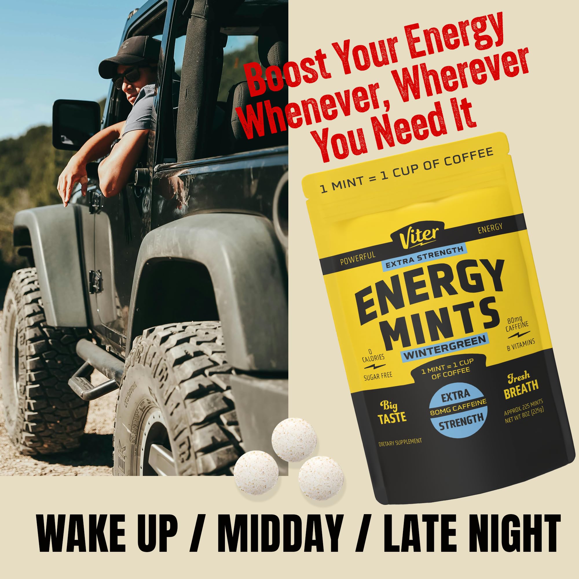 Viter Energy menta junto a taza de café comparando dosis de cafeína