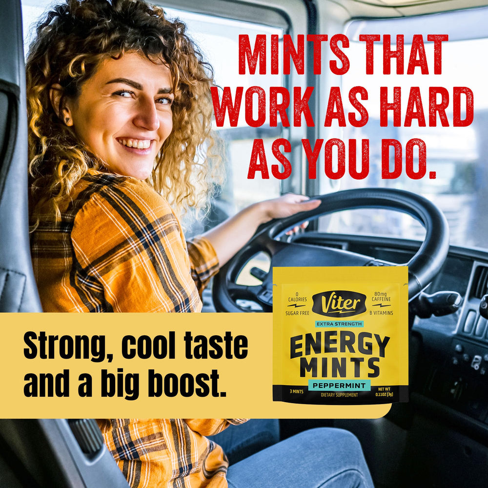 Viter Energy mints en bolso de viaje indicando conveniencia