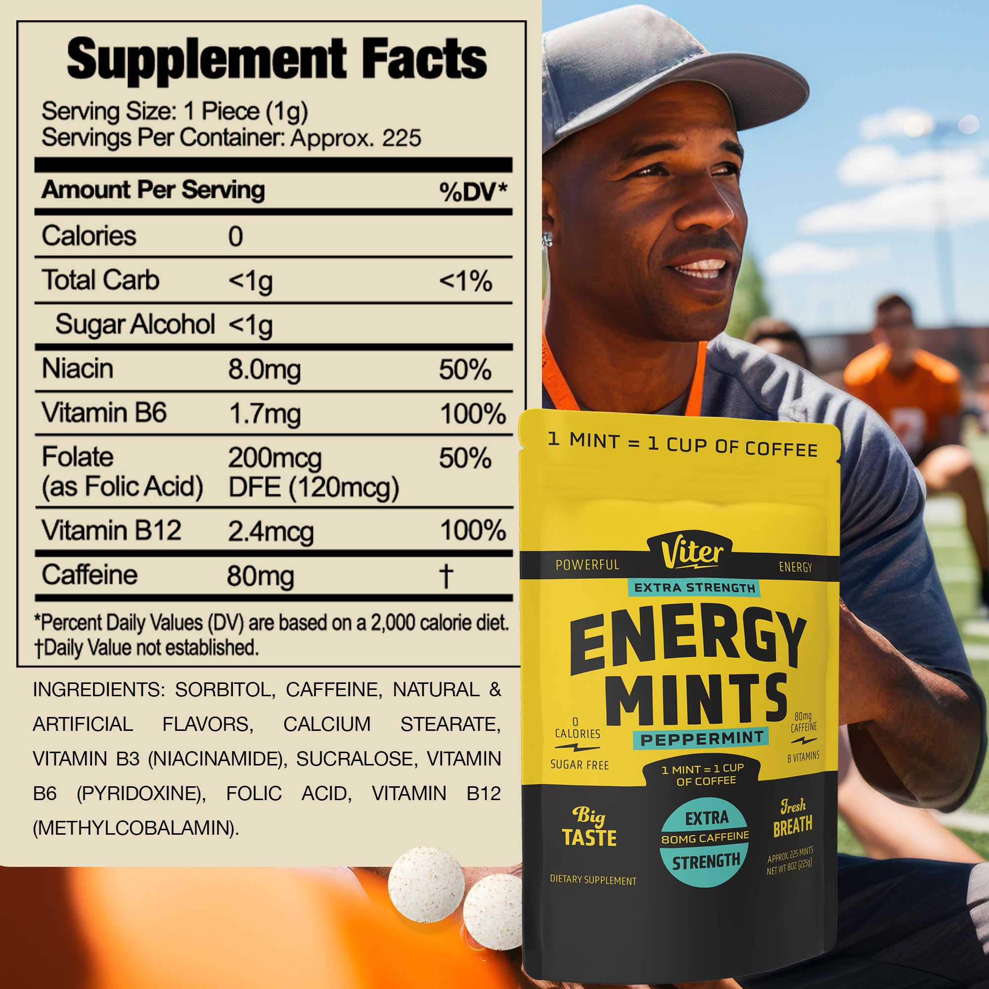 Viter Energy mints en mano mostrando tamaño práctico y conveniencia