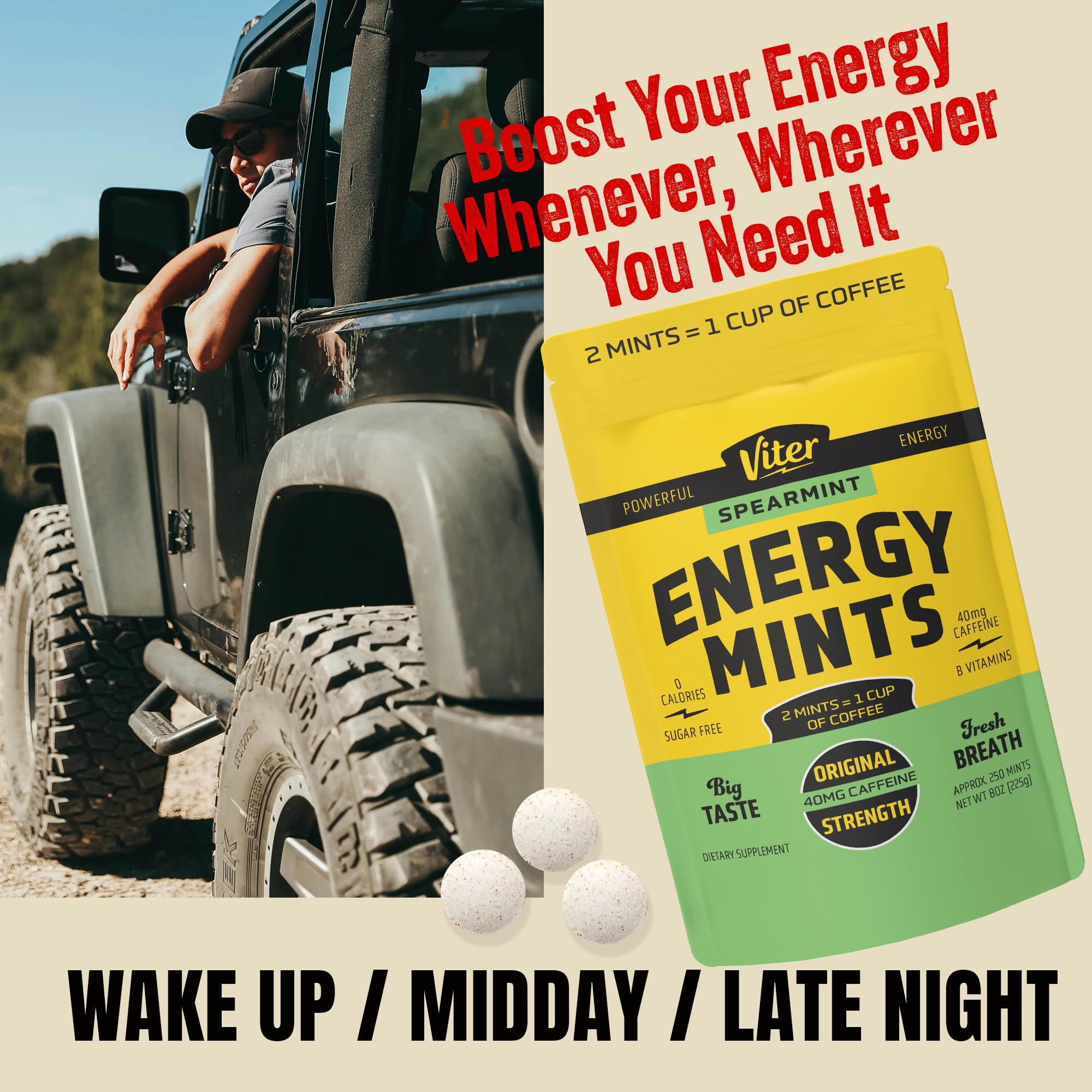 Mints Viter Energy en mano para transporte y consumo rápido