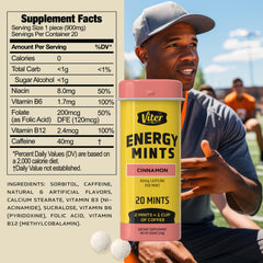 Viter Energy pastilla en boca ilustrando frescura inmediata y sabor canela