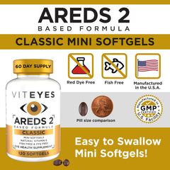 Viteyes softgel junto a una moneda para mostrar el tamaño real