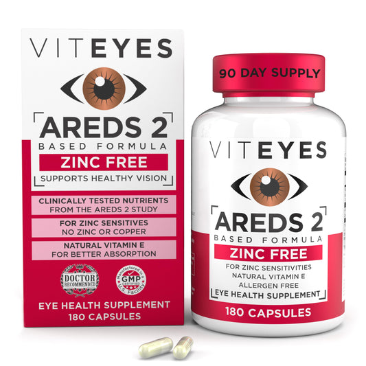 Viteyes empaque frontal mostrando la fórmula AREDS 2 sin zinc, claridad en la marca