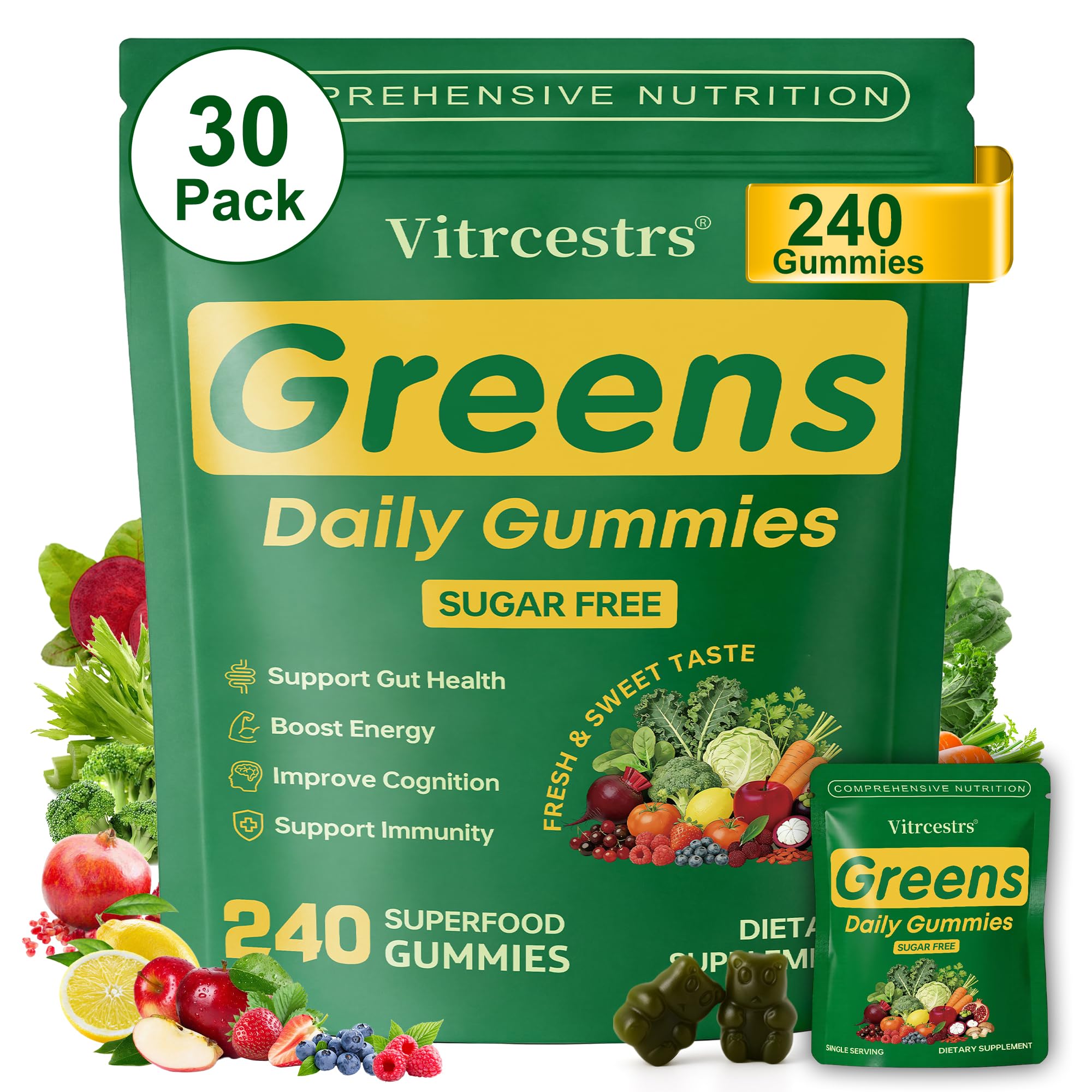 Vitrcestrs frente del envase mostrando 240 gomitas y beneficios claros