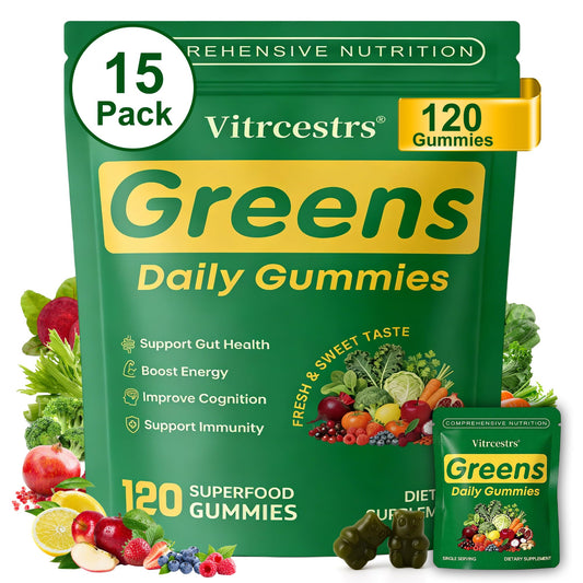 Vitrcestrs envase frontal de Greens Daily Gummies mostrando diseño y cantidad