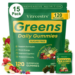 Vitrcestrs frente del envase mostrando 120 gomitas y beneficios prácticos
