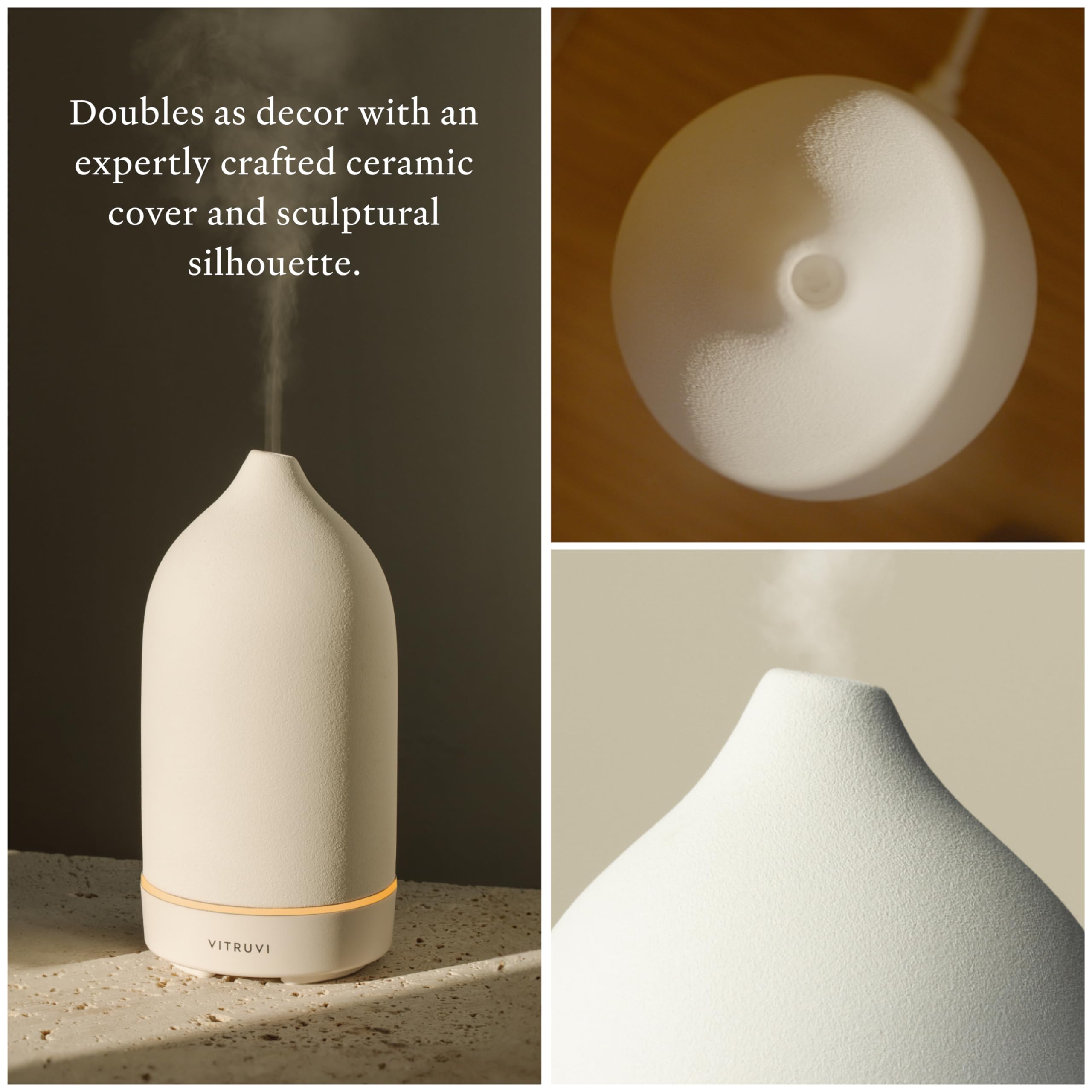VITRUVI Stone Diffuser en uso en dormitorio crea ambiente relajante