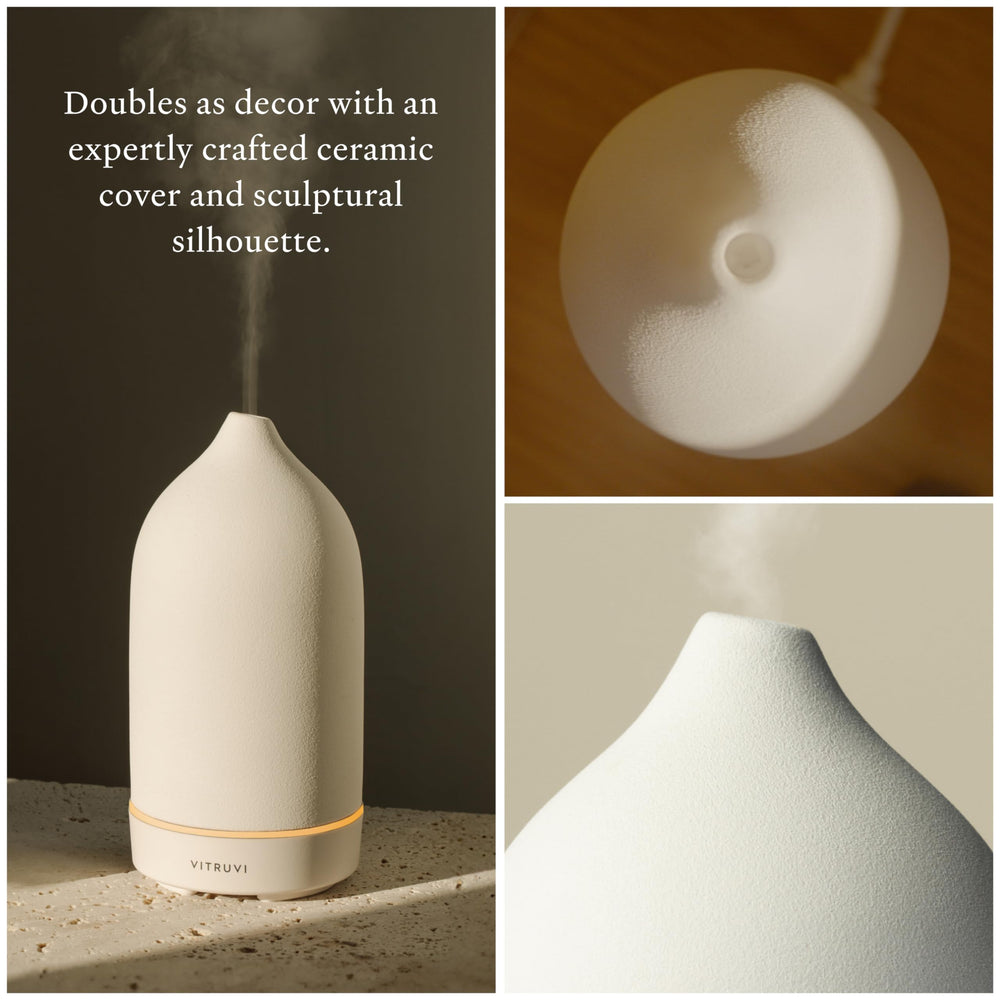 VITRUVI Stone Diffuser en uso en dormitorio crea ambiente relajante