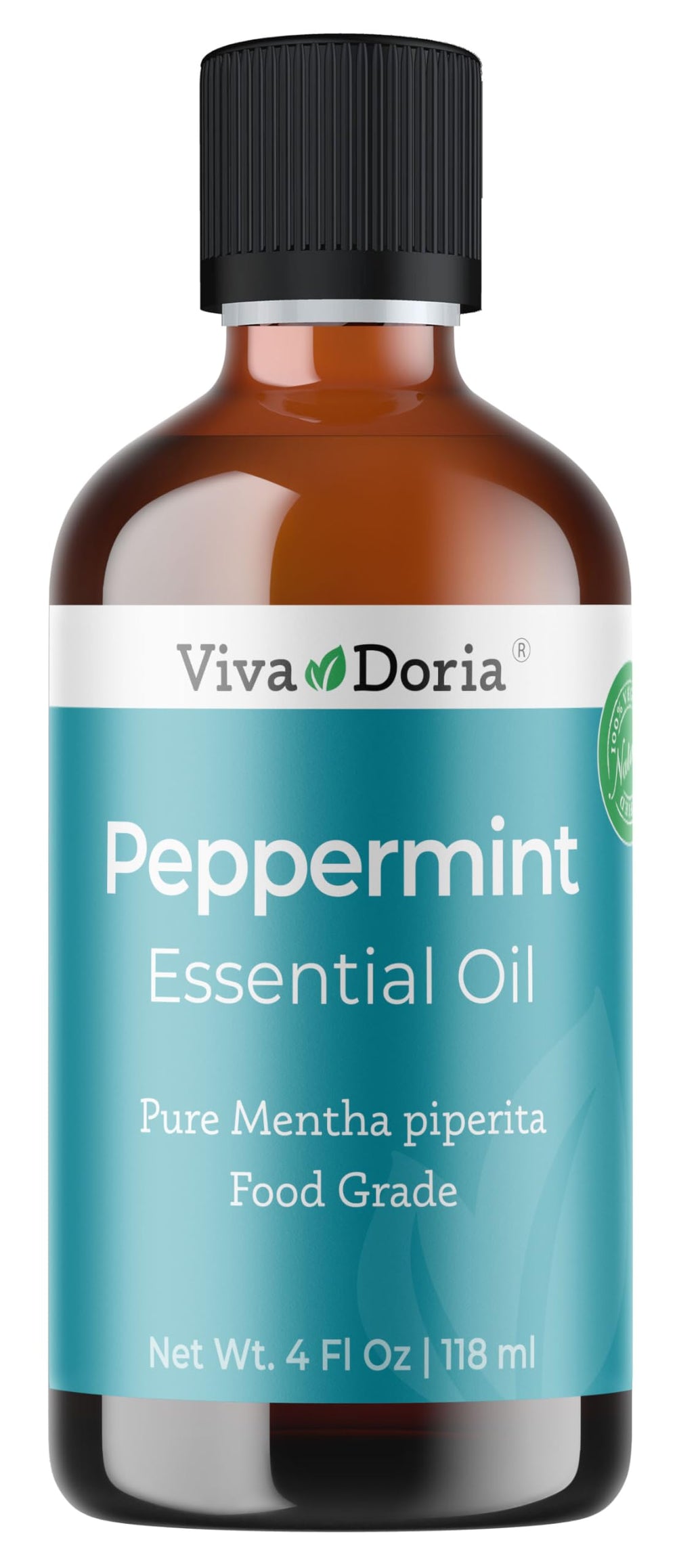 Viva Doria botella frontal de aceite de menta mostrando etiqueta y cierre seguro