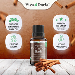 Viva Doria gota de aceite de canela en primer plano mostrando textura y color, beneficios: pureza y concentración