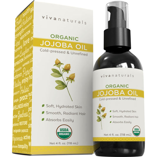 Viva Naturals aceite de jojoba frente del envase muestra pureza y certificación