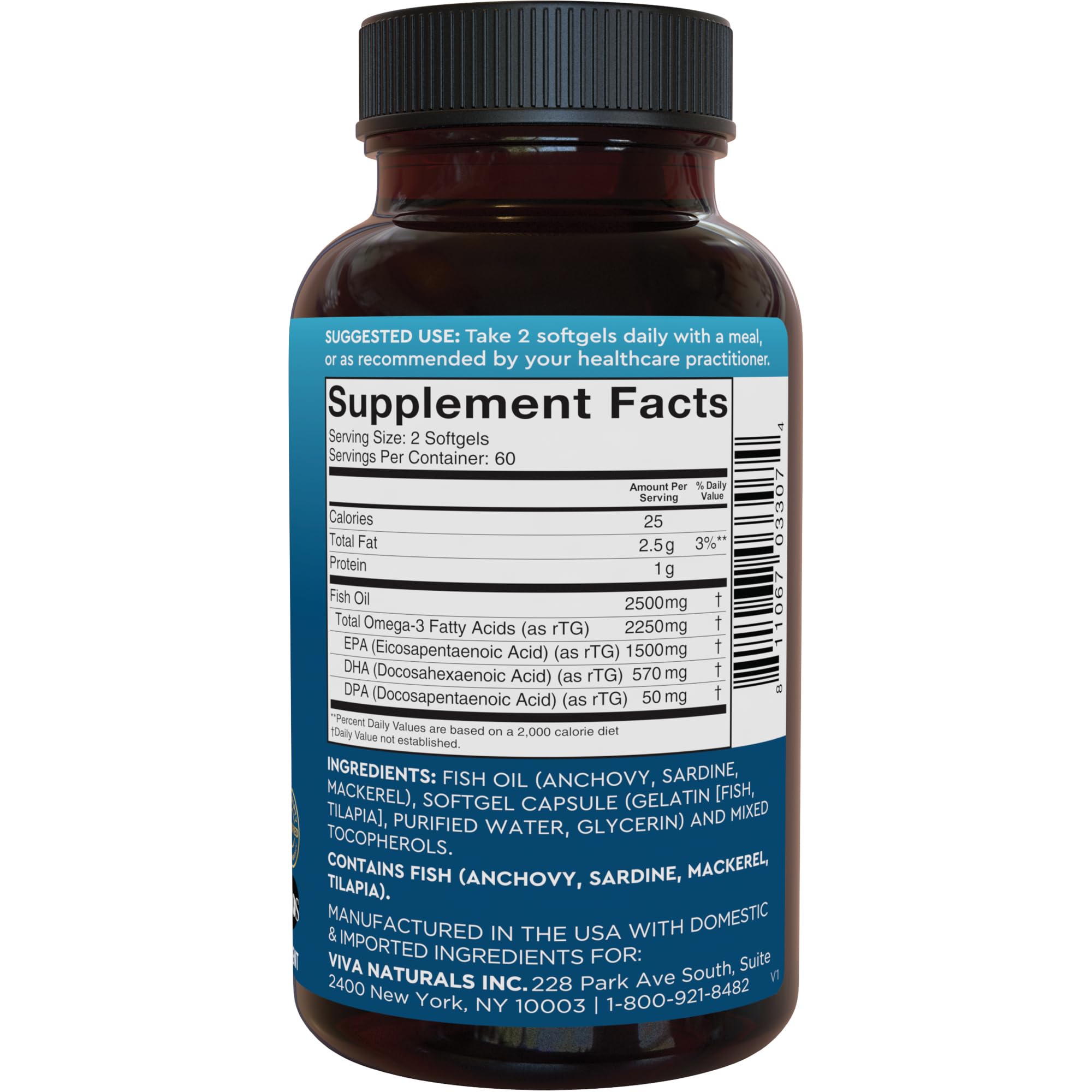 Viva Naturals frasco abierto mostrando 120 cápsulas y contenido
