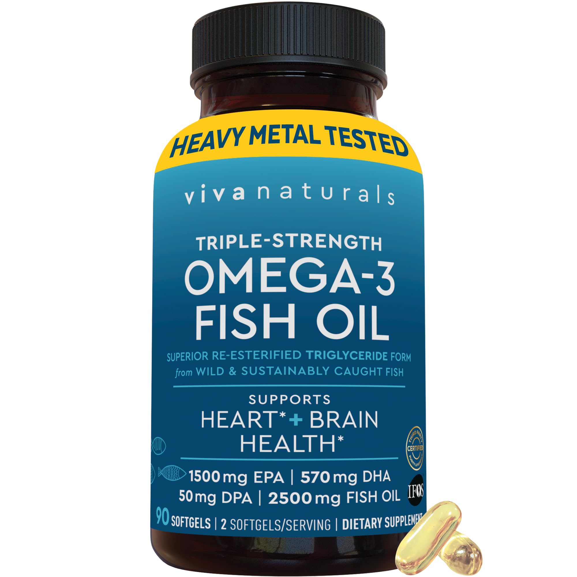 Viva Naturals frasco frontal que muestra dosis alta y 90 softgels