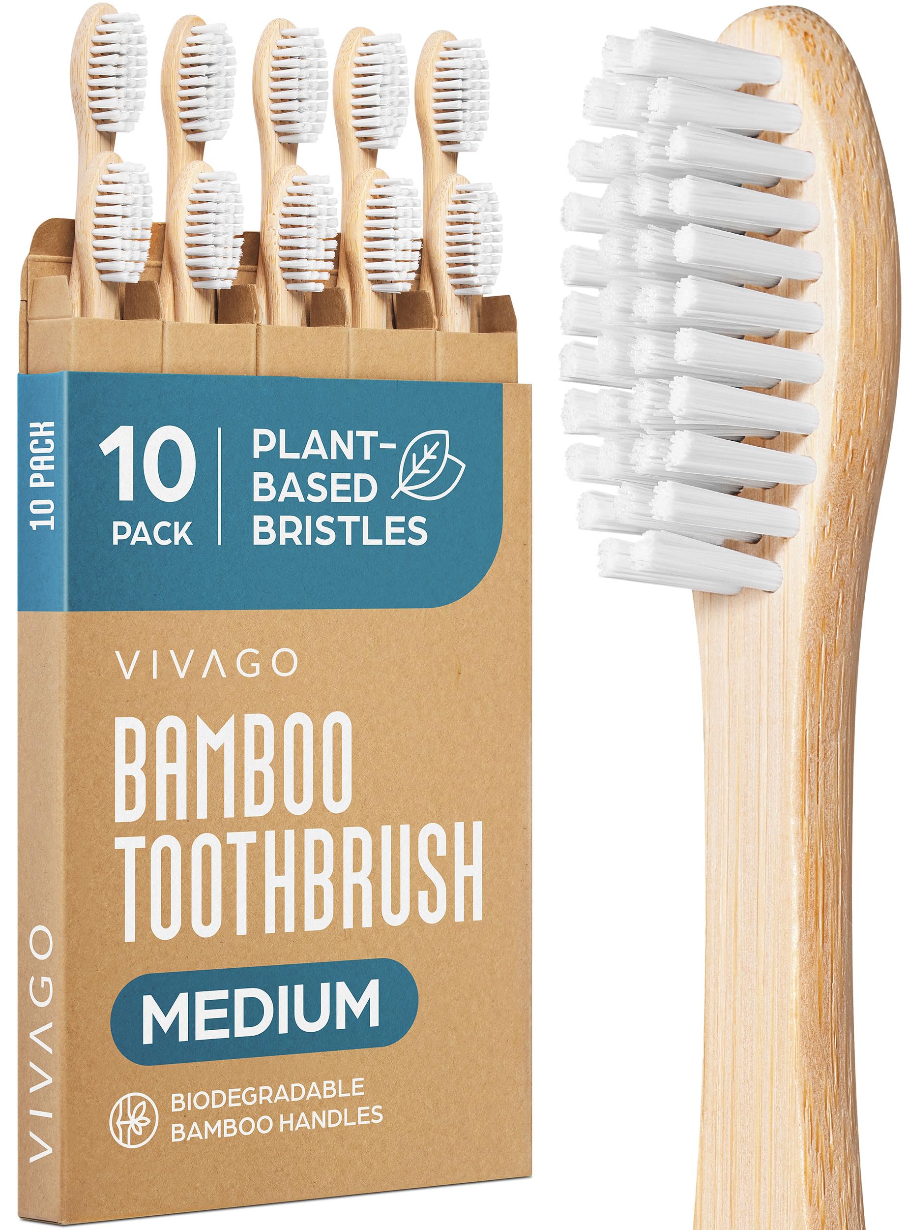 VIVAGO paquete frontal de 10 cepillos ecológicos mostrando ahorro