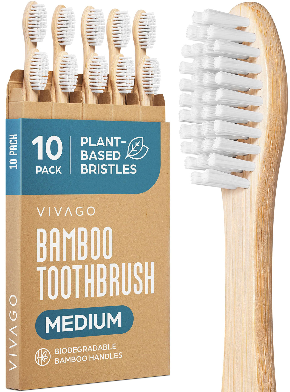 VIVAGO paquete frontal de 10 cepillos ecológicos mostrando ahorro