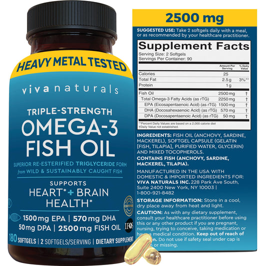 Viva Naturals triple-strength omega-3 bottle front for daily heart and brain support.