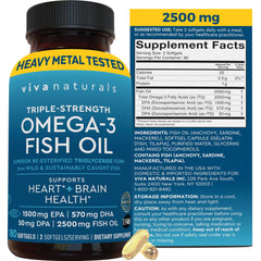 Viva Naturals triple-strength omega-3 bottle front for daily heart and brain support.