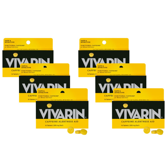Vivarin paquete frontal mostrando tabletas y diseño, beneficio conveniencia