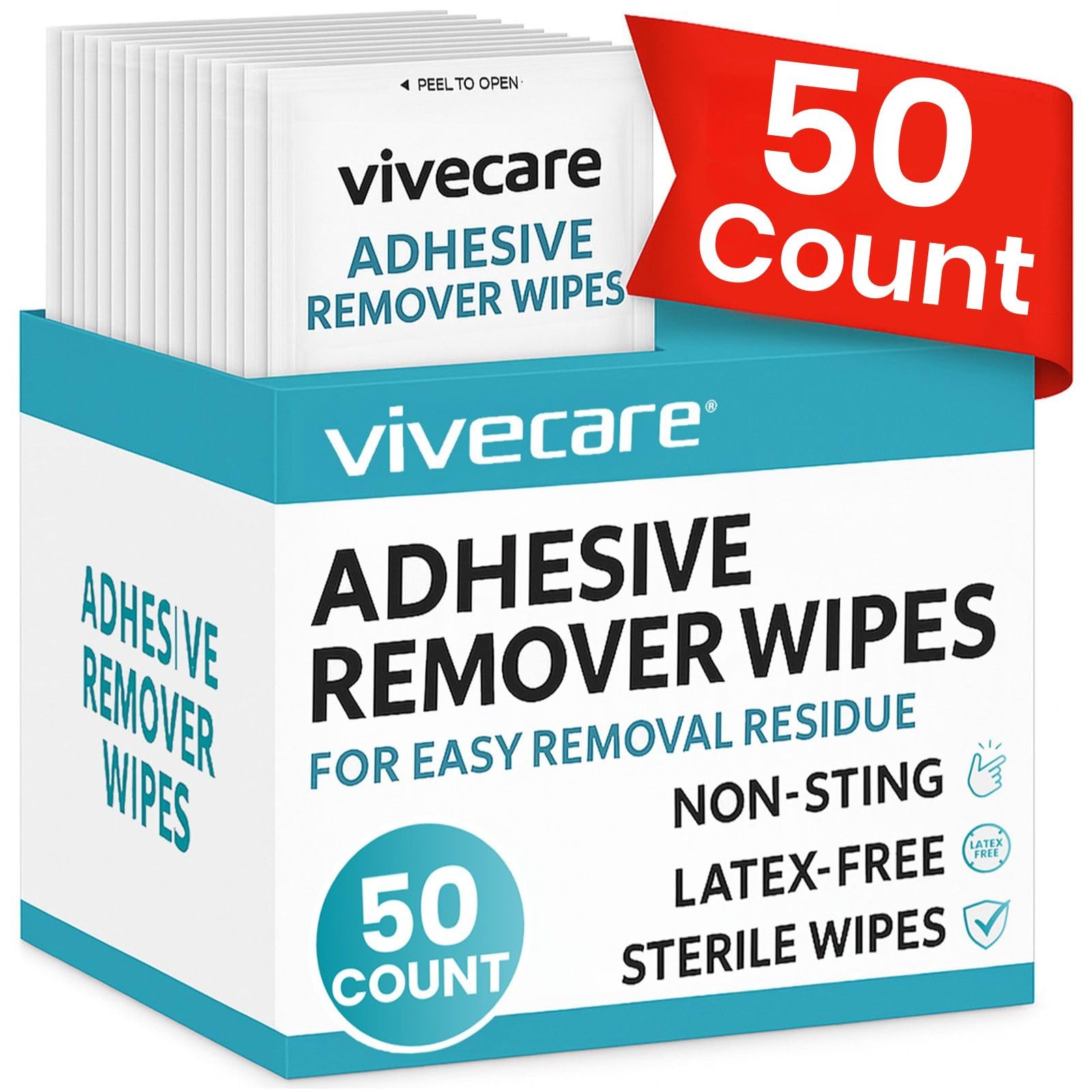 Vive Care caja frontal mostrando 50 toallitas para retirar adhesivo con comodidad