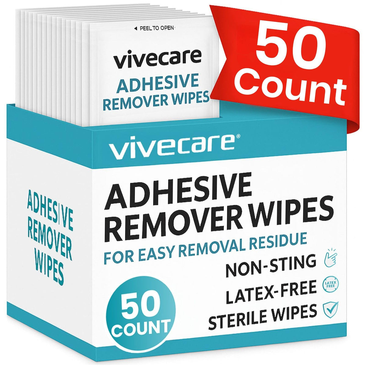 Vive Care caja frontal mostrando 50 toallitas para retirar adhesivo con comodidad