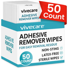 Vive Care caja frontal mostrando 50 toallitas para retirar adhesivo con comodidad