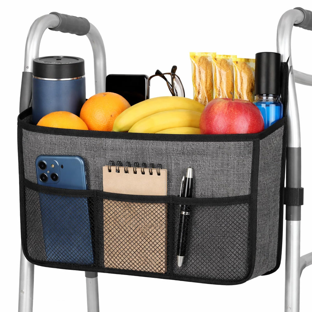 Vive bolso frontal en andador mostrando acceso rápido y organización