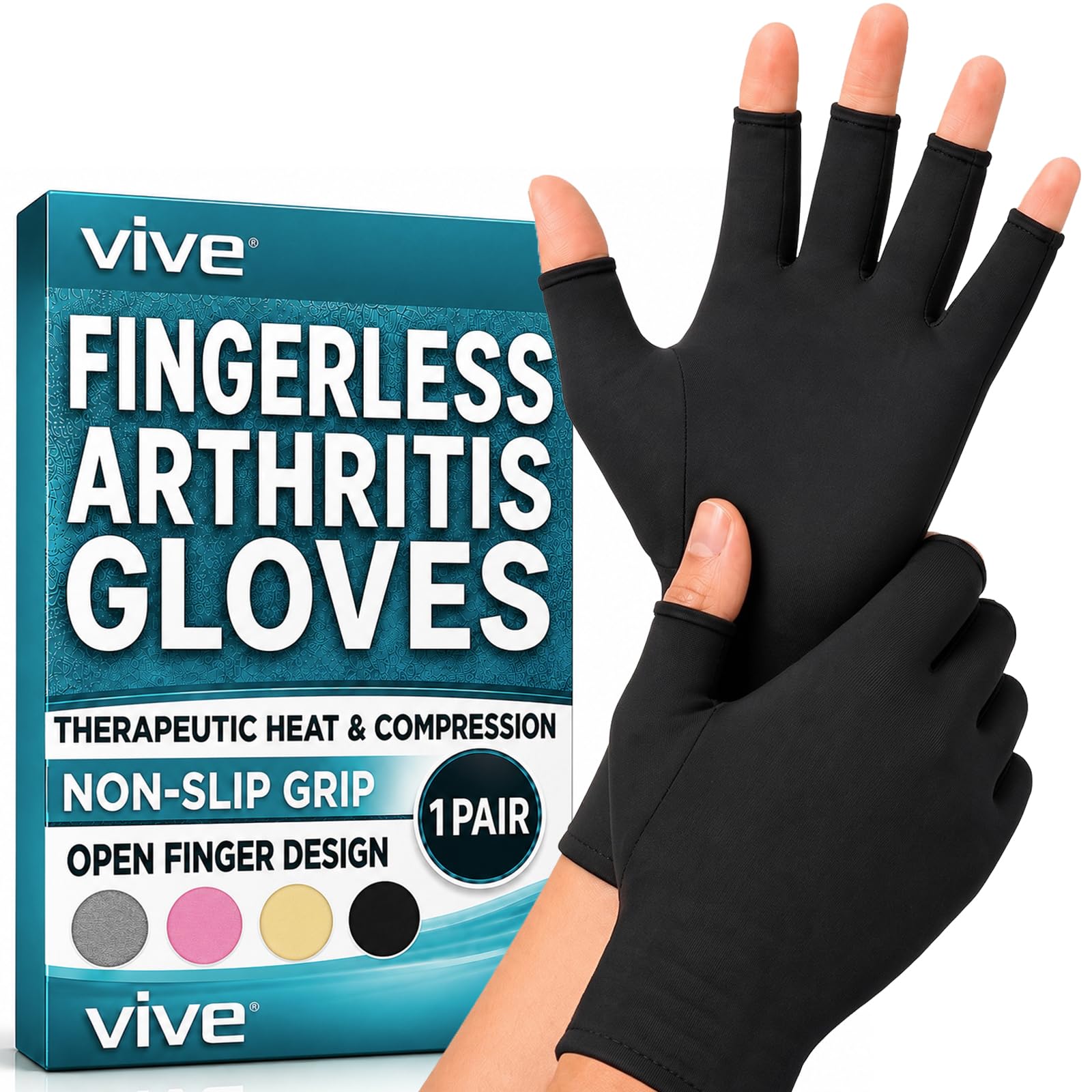 Vive guantes artritis frontal mostrando diseño de dedos abiertos y compresión cómoda