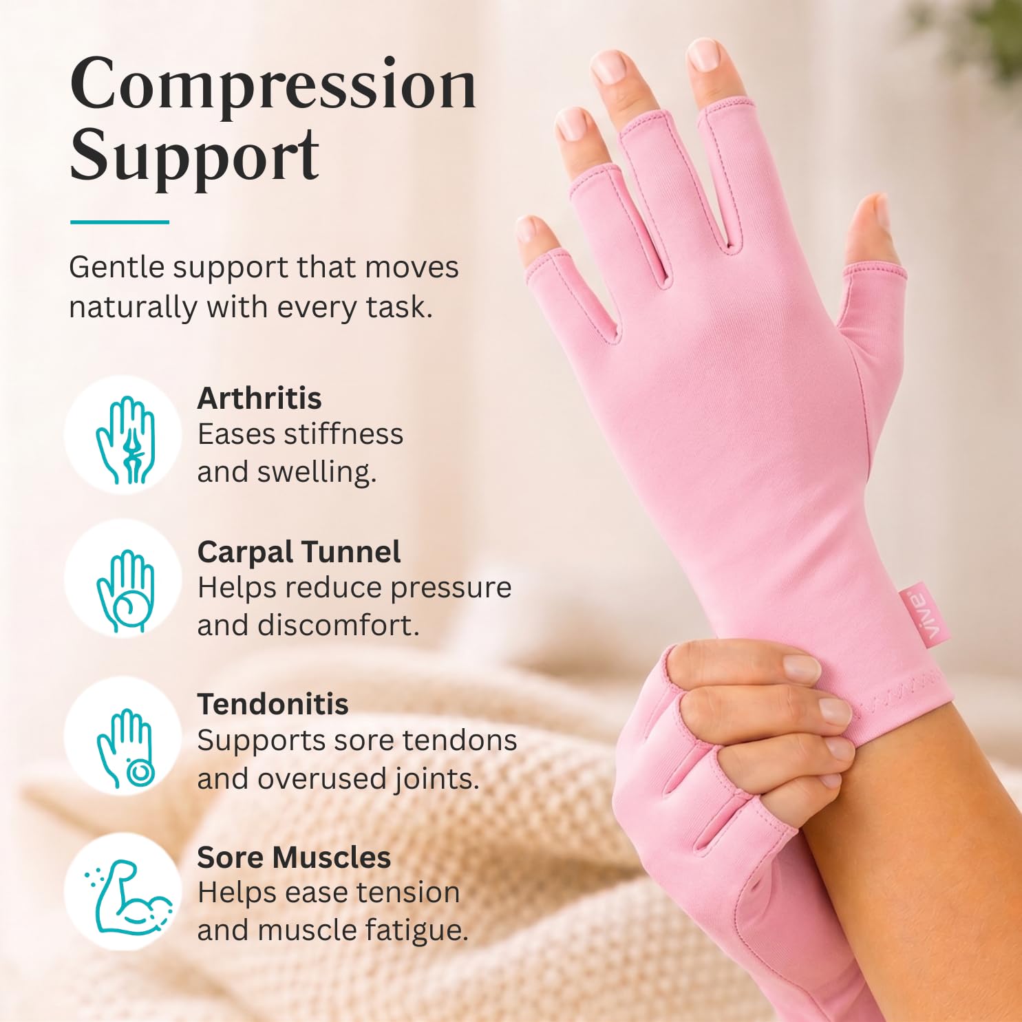 Vive guantes comparación de tamaño con mano para orientar la talla