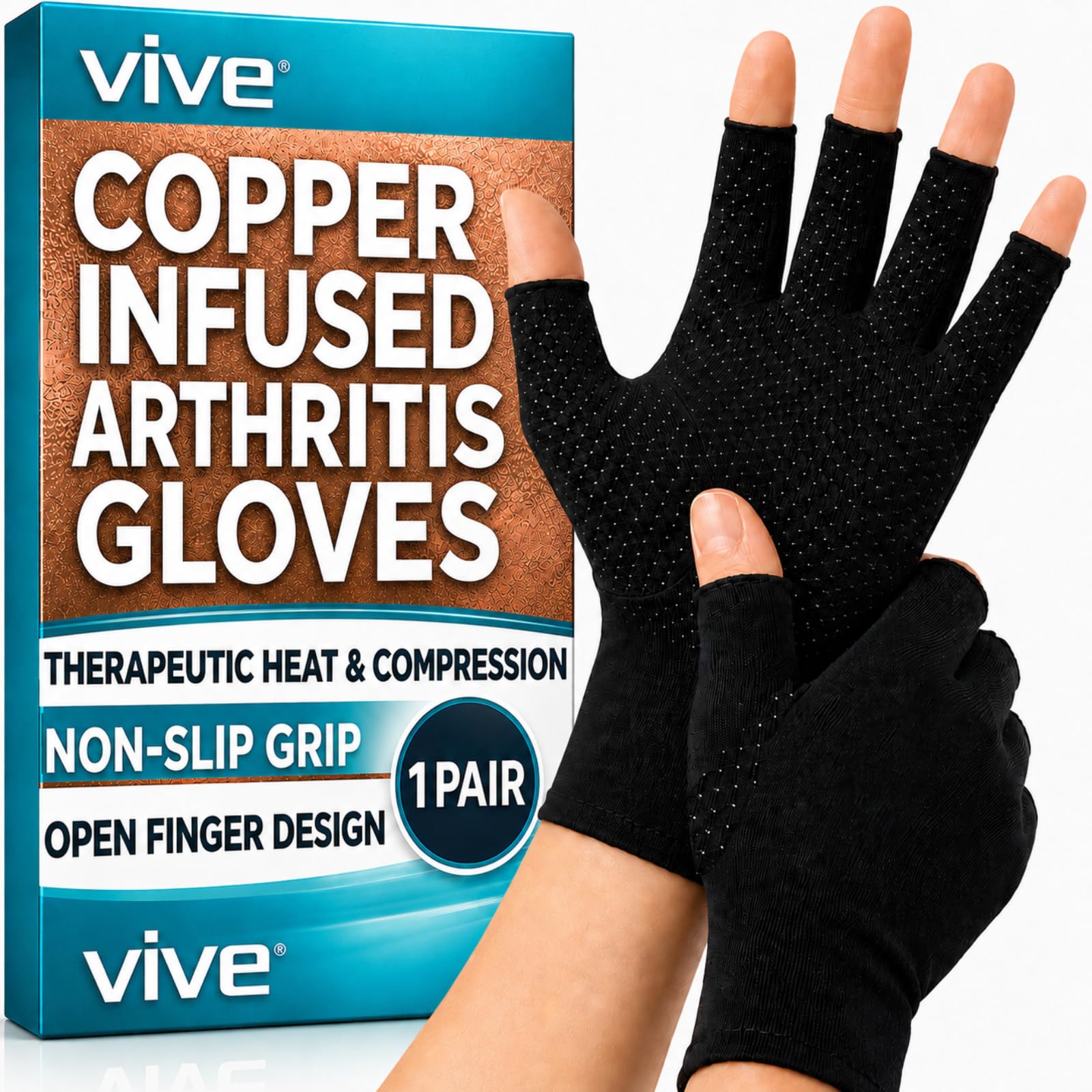 Vive guantes compresión frontal mostrando ajuste cómodo y soporte